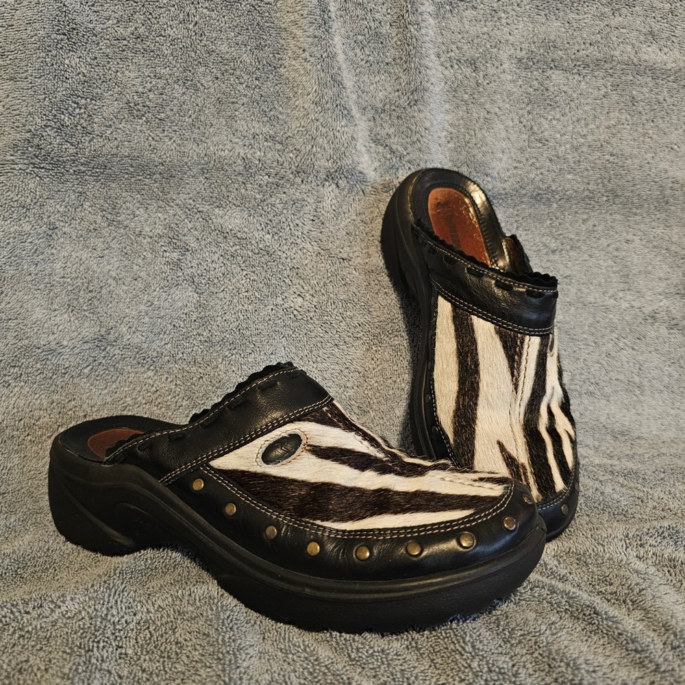Romika Zebra Print Calf Hair Leather Studded Platform Clogs Mules Black 39
